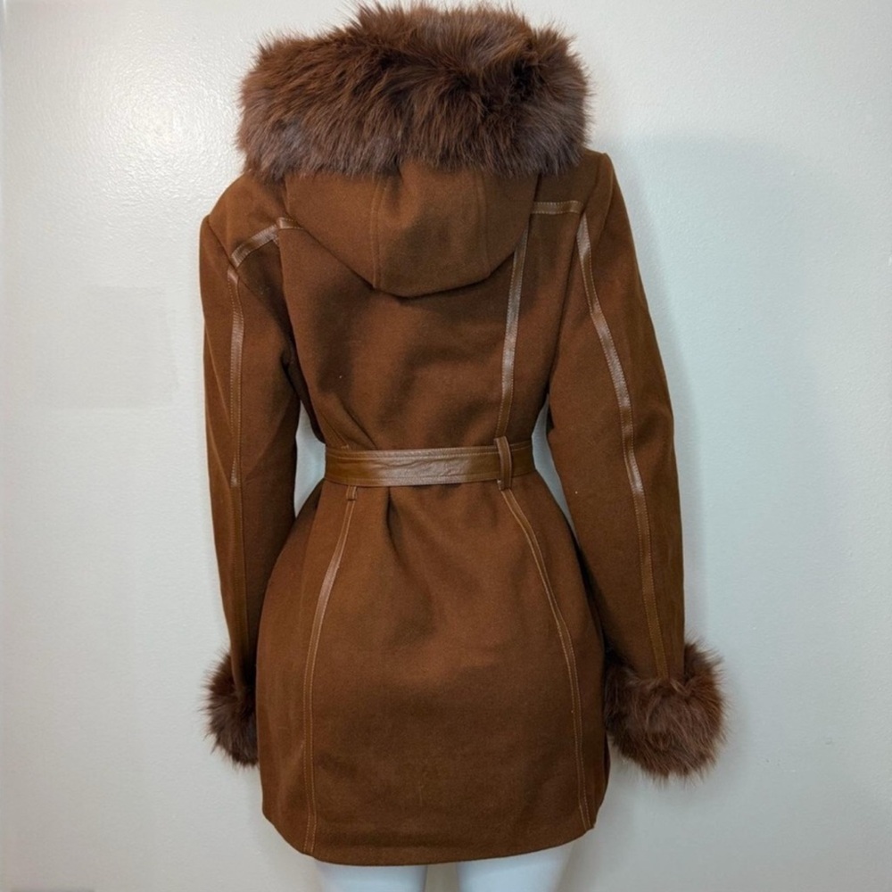 Brown faux fur belted hooded pea coat with faux leather trims - Picture 2 of 10